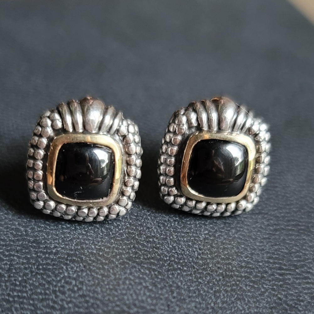 Square Black Onyx 925 Silver & 14kt Gold Detail Omega Back Earrings